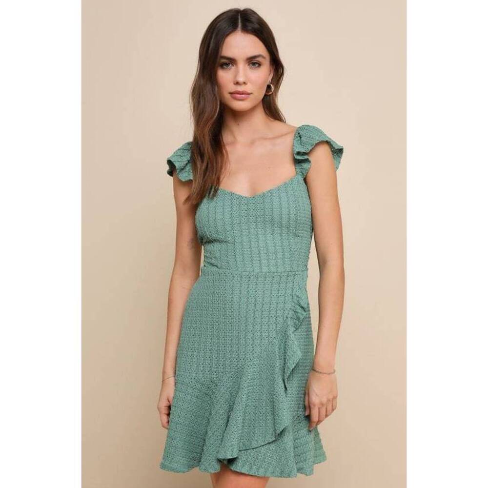 Lulus Darling Sweetness Dark Sage Textured Faux-wrap Mini Dress Green - Size M